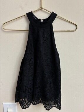 bebe Black Lace Halter Top Floral Scalloped Hem Back Zip Y2K Going Out